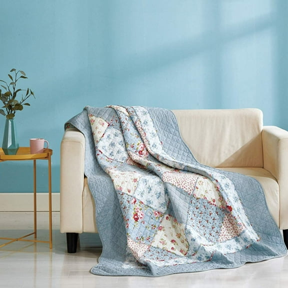 Cotton Patchwork Quilt Twin Size Blue Floral Bedspread Coverlet Reversible Vintage Shabby Chic Quilted Throw Blanket for Couch and Sofa