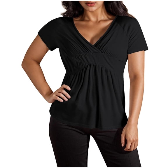 Fengactive Women's Plus Size Short Sleeve V Neck Dressy Tops Wrap Shirt Low Cut Cute Blouse Solid Color Tunic Tees