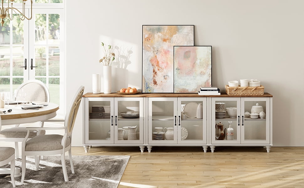 TV Stand for 100 Inch TV, Wooden Entertainment Center with 6 Glass Doors & Ample Storage, Off White Media Console for Living Room, Dining Room & Bedroom