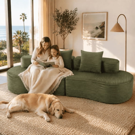110.24" Fully Compressed Sofa, Corduroy 2-Seater Couch with 2 Lumbar Pillows and Deep Seat for Living Room Bedroom No Assembly, Green