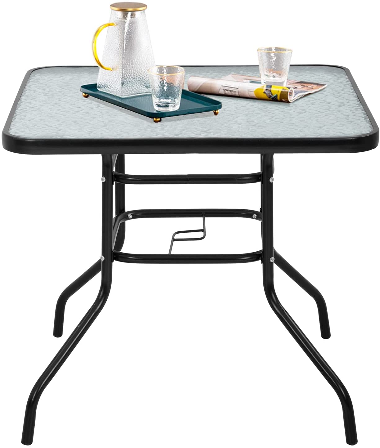 Goorabbit Outdoor Dining Table 31.5" Outdoor Bistro Table Patio Dining Table Square Side Table Coffee Table Furniture with Umbrella Hole, Metal Frame Water Ripple Glass Top(Black) - image 2 of 8