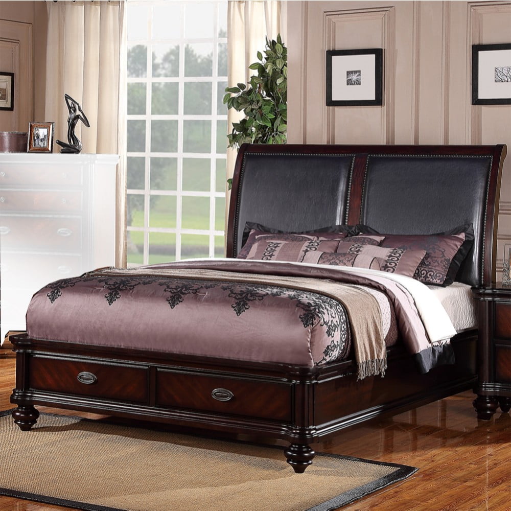 Wooden Cal.King Bed With Black PUHB & 2 Under Bed Drawers