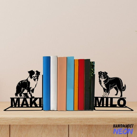 Handmadetneonsign Miniature American Shepherd Metal Bookends, Dog Name Bookend, Table Bookshelf Decor 73357