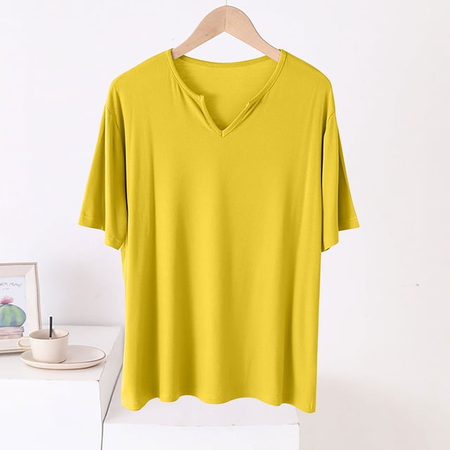 Fiudx Liquidación de Ahorros de Verano Top/Camisa Holgada de Manga Corta con Cuello En V Liso para Mujer