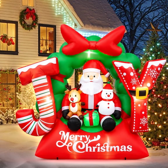 scurora 7FT Christmas Inflatable Outdoor Decorations, Joy Inflatable Decoration with Santa Snowman Reindeer Built-in LED, Wreath Shape Blow Up Yard Decoration for Outdoor Yard Garden Lawn Xmas Decor