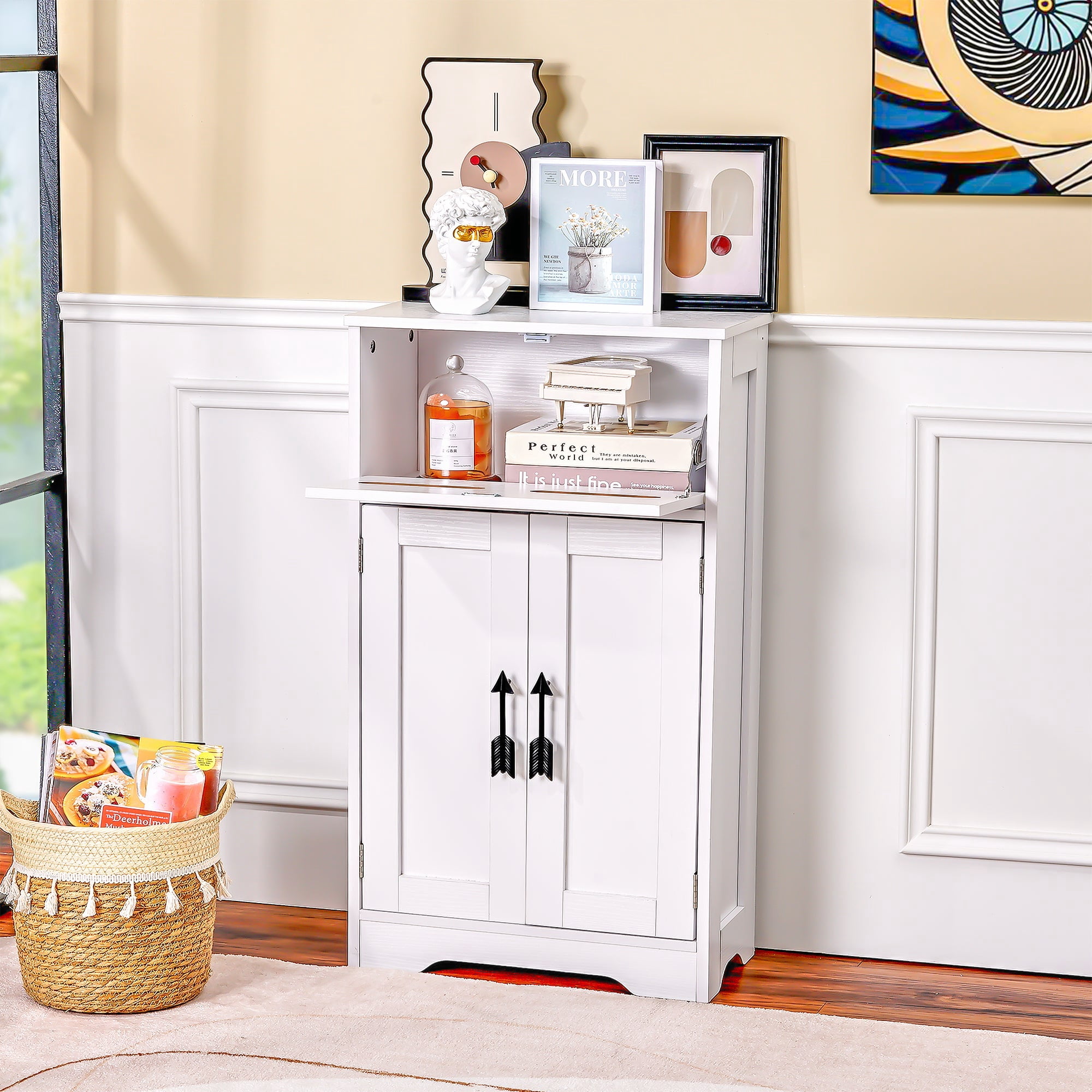VECELO Bathroom Storage Cabinet, Wooden Floor Cabinet with 2 Doors & Toilet Paper Storage, Accent Cabinet for Living Room,Bedroom, Kitchen, White