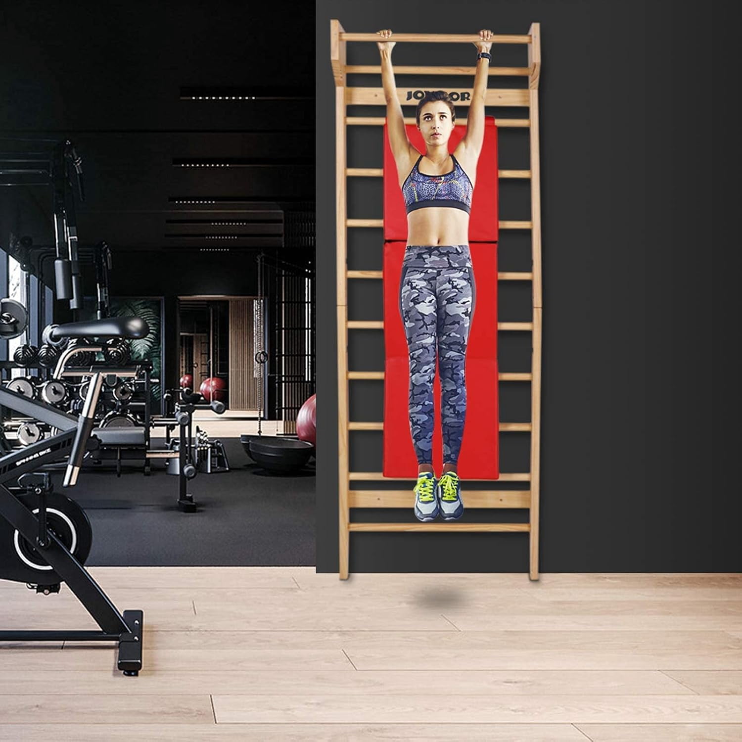 JOYMOR Gymnastics Swedish Ladder, Multiuse Exercise Ladder, Wall Mounted Pull Up Bar, Physical Therapy for Stretching and Various Exercises, Indoor Gym Workout Yoga (Wood Stall Bar)