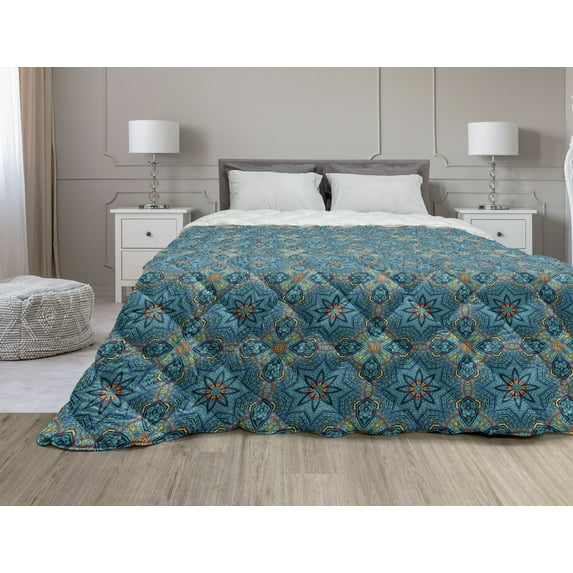Vintage Down Alternative Comforter, Mosaic Colorful Floral Design with Rhombuses and Stripes Retro Composition, Microfiber Quilt for All Season, 5 Sizes, Multicolor, by Ambesonne