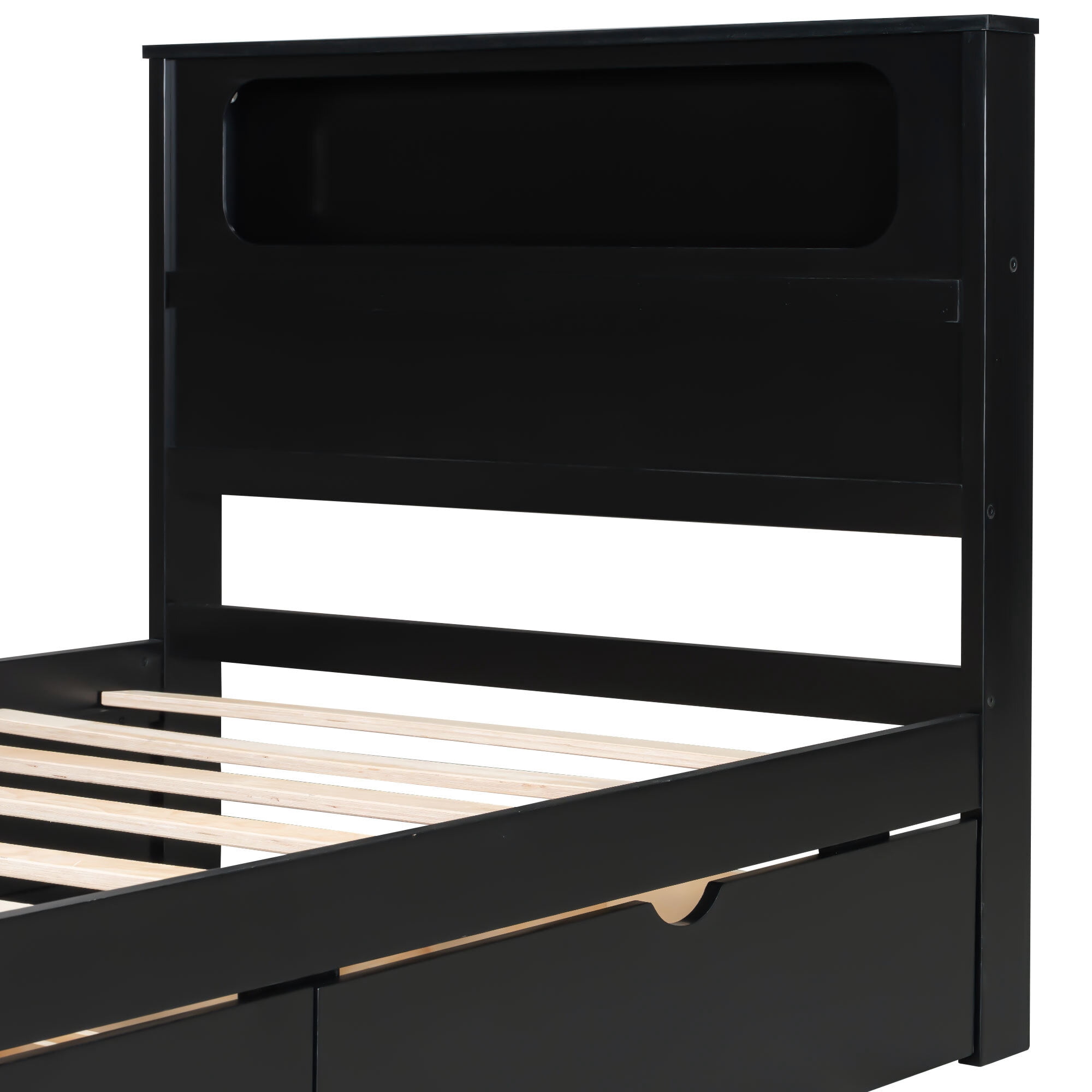 Euroco Wood Twin Size Platform Bed with Drawers, Gaming Bed with Desk, LED Light and USB Charging Station, Black