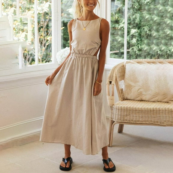 Ayolanni Beige Sun Dresses for Women Sundress Sleeveless Solid Maxi Dresses Dresses for Girls L