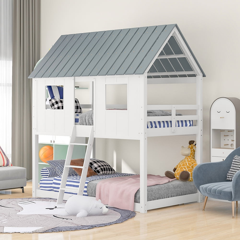 Kadyn Twin over Twin Size Low Bunk Beds with Roof and Fence-shaped Guardrail, White