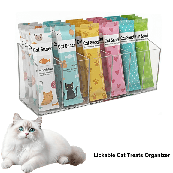 1 Pack Lickable Cat Treats Organizer, Countertop Acrylic Treat Storage Holder, Squeeze Up Cat Food Storage Container with Removable Dividers, Wet Cat Treat holder for Kitchen Cabinet Pantry Shelf