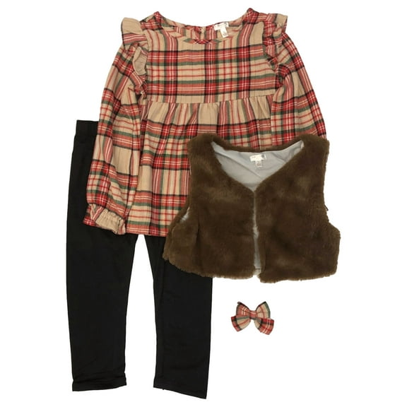 Girls Pink & Red Plaid Holiday Outfit Flannel Shirt Plush Vest Pants & Bow 6