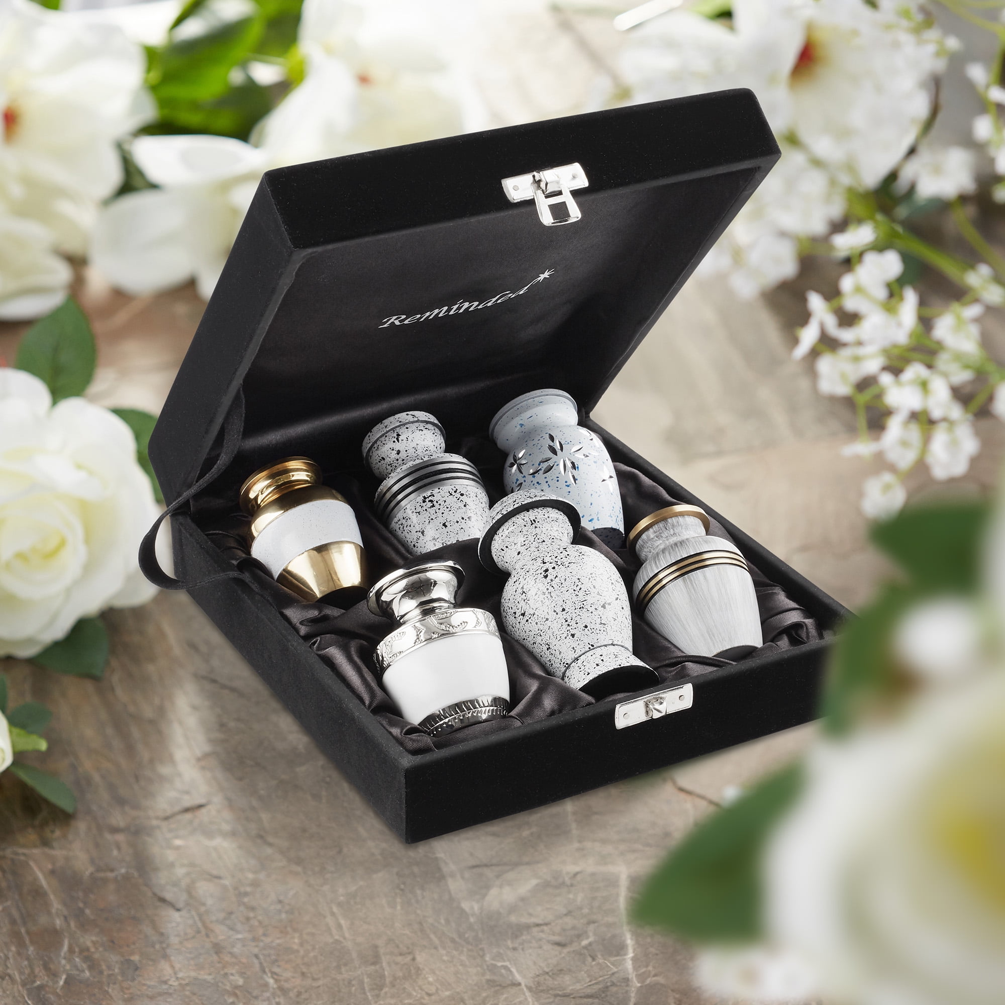 Reminded Small Keepsake Cremation Urns for Human Ashes, Set of 6 Silver and Gold Family Memorial Urns with Velvet Case and Bags