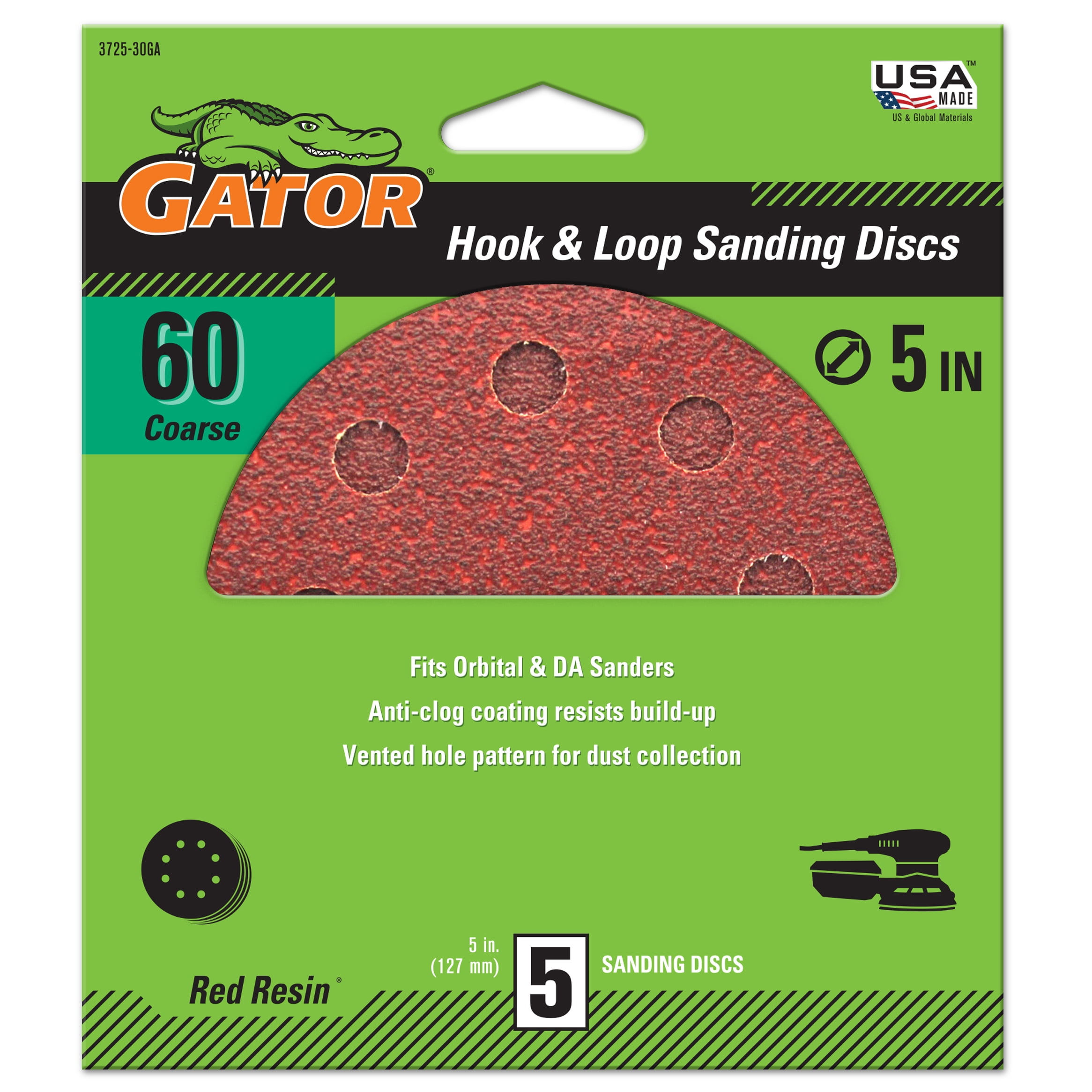 (3 pack) Gator 372530GA 5 in Coarse 60 Grit Hook & Loop Sanding Discs, 5 Pieces