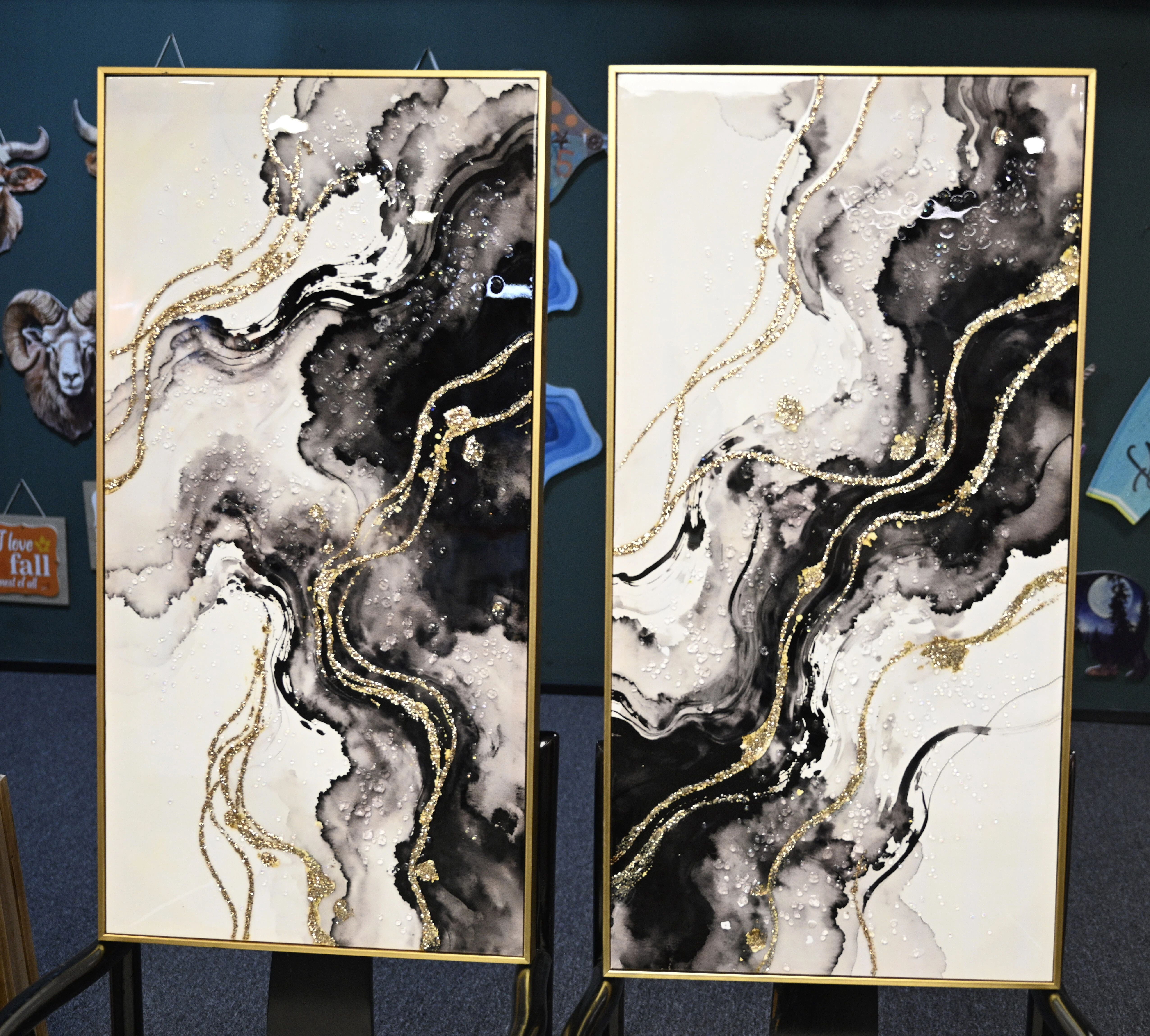Euroco Modern Minimalist Abstract Wall Art Set of 2, Large Framed Canvas Prints Paintings Wall Decor, Black Gold Pictures for Hallway Office,20x40In
