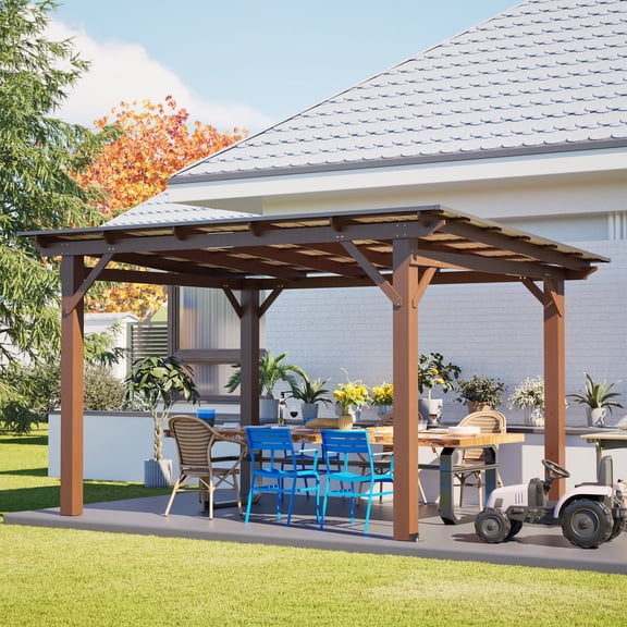 13.1' x 9.7' Pergola, Outdoor Wood Gazebo, Hardtop Gazebo with Galvanized Steel Roof, Permanent Grill Gazebo, Carports with Snow Support, Shade for Garden, Patio backyard Deck