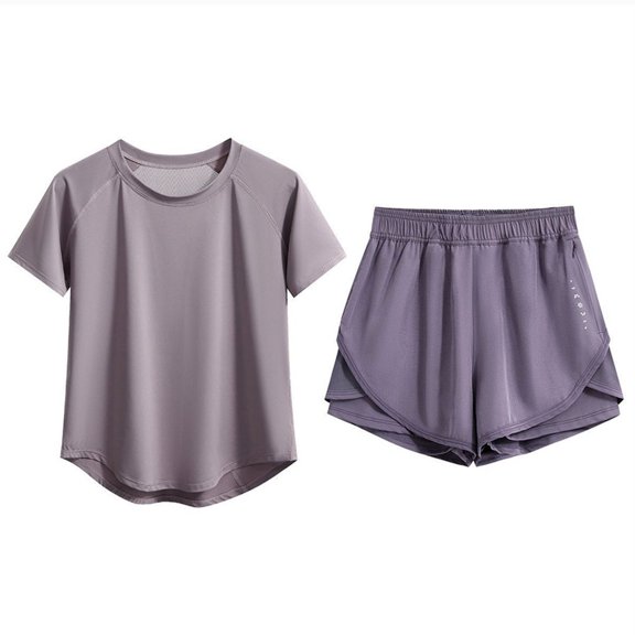 Telankuip Womens Summer Workout Sets Summer 2 Piece Crewneck Short Sleeve T-Shirts and Loose Fit Shorts Yoga Running Fitness Outfits Breathable Quick Drying Training Activewear Purple XL
