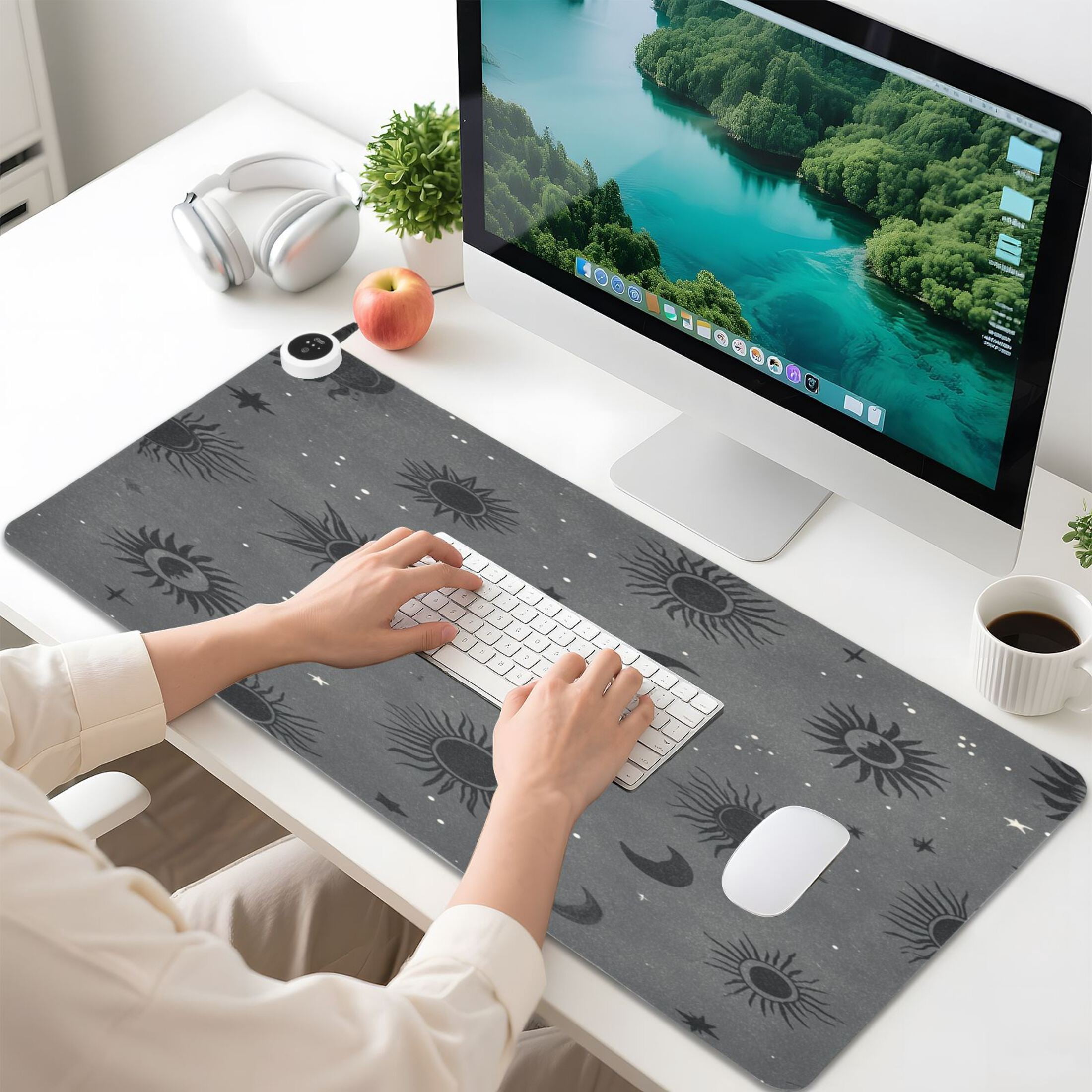 Large Heated Desk Mat Mouse Pad 31.5"x13"PU Leather Graphene Heating Desk Warmer with 3 Temperature Settings 110V US Plug Non-Slip Warm Pad for Home, Office, and Gaming Grey Astrology Celestial Art