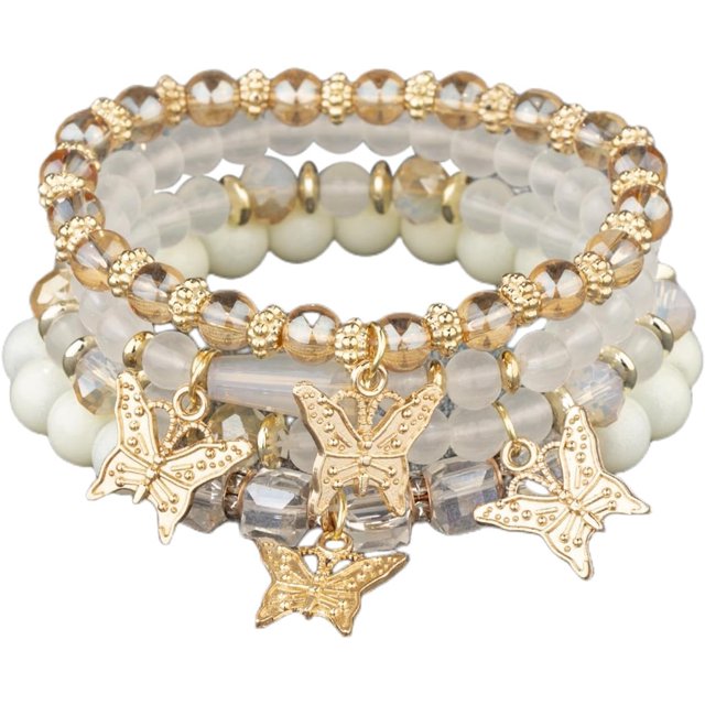Kunmingshisd Juego de 4 pulseras con colgante elástico de piedra de cristal de mariposa bohemia para mujer, pulsera elástica apilable con cuentas doradas, joyería colorida con dijes, playa de verano b