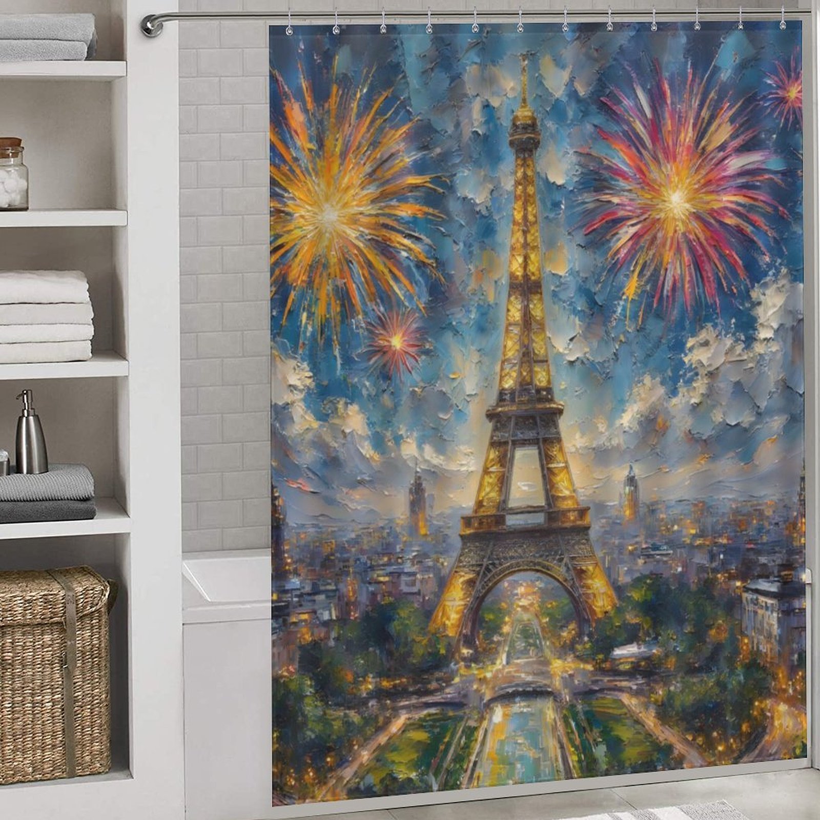 Iron Tower Print Shower Curtain Art Style Bathroom Decor Shower Curtain with 12 Hooks,66inx72in