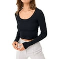 thumbnail image 2 of Douhoow Women Ribbed Slim Fit Crop Top Scoop Neck Low Cut Basic Solid Pullover, 2 of 9