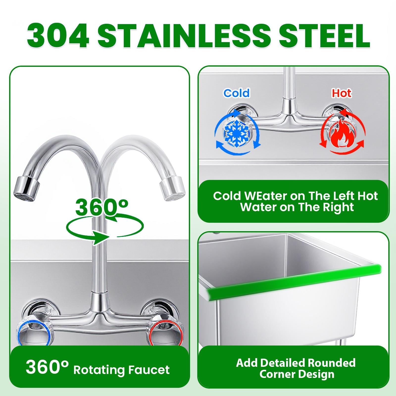 27 Inch Stainless Steel Freestanding Single Bowl, Kitchen Utility Sink Washing Hand Basin Utility Sink Laundry Sink Cleaning Sink with 360°Rotate Faucet for Kitchen, Outdoor & Restaurant