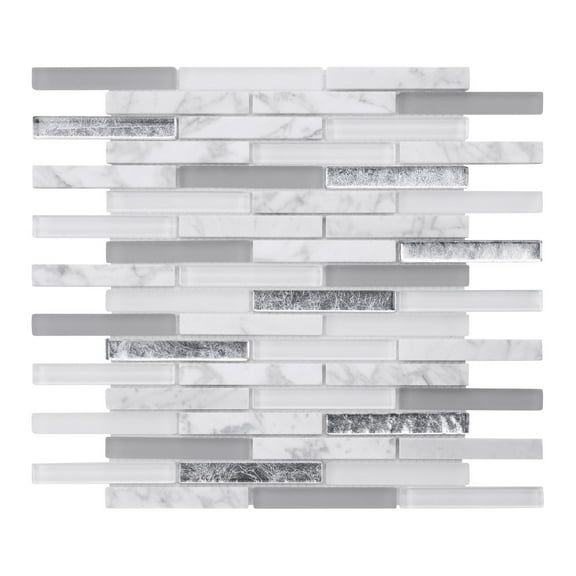 Modket TDH301NS Calacatta Marble Stone Pure White Glass Metallic Silver Mosaic Tile Backsplash