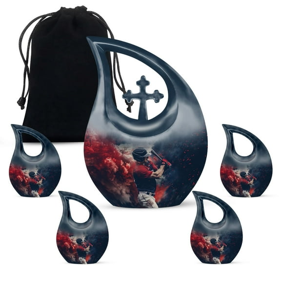 MUKTIVE Baseball Burial Urns for Human Ashes Adult Man, Red Cremation Urn for Mother, Decorative Blue Urn for Ashes for Women, Funeral Urns for Adult Male, (1 Large 10 ", 4 Keepsake 3 ") (Combo Sets)