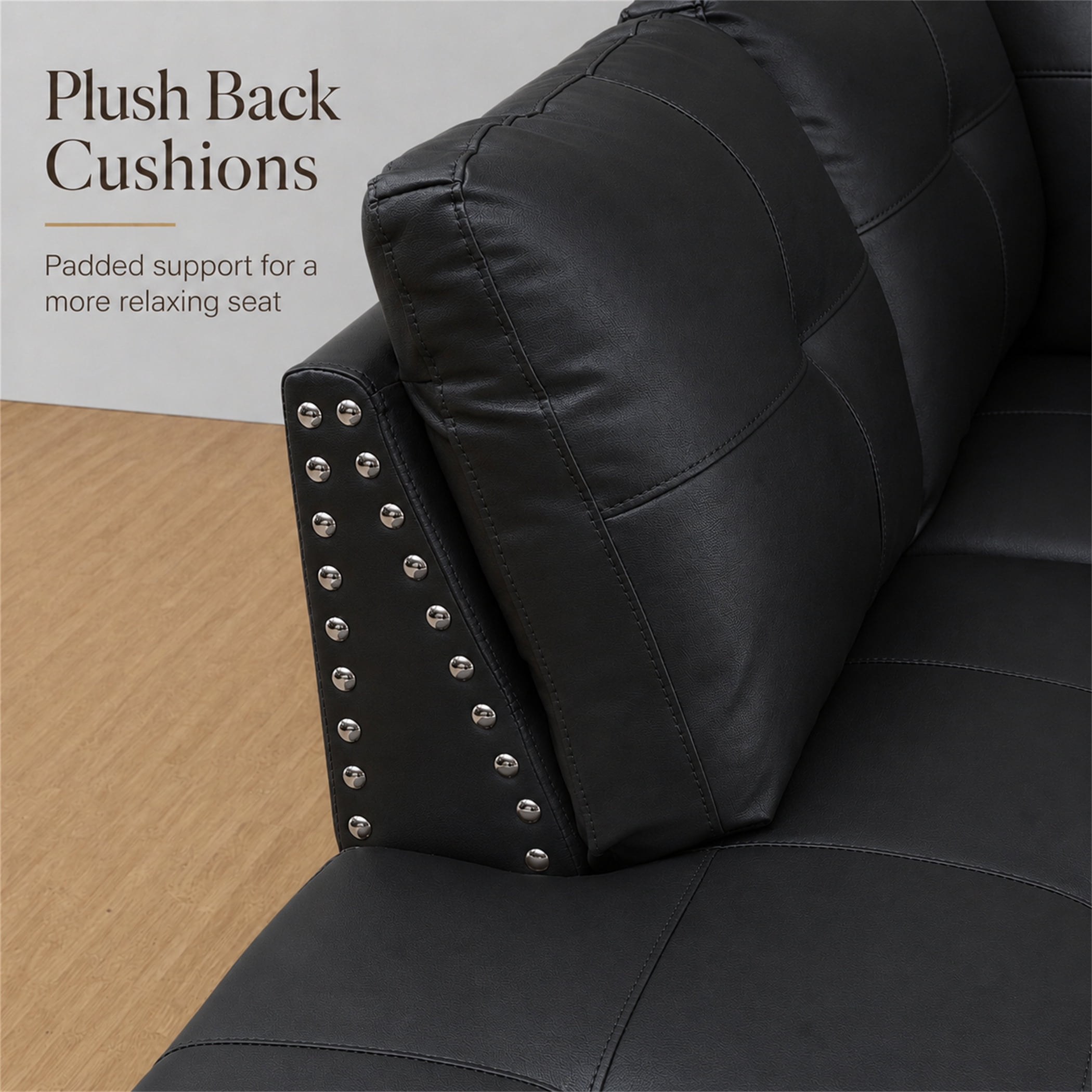Aukfa 98" L Shaped Sectional Couch with Cup Holder Console, Tufted Back&Nailhead Trim, Oversized Right Chaise Leather Sofa for Living Room, Black