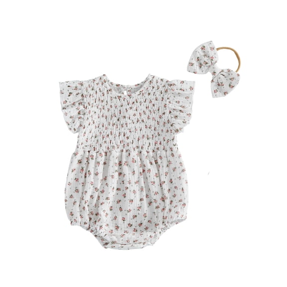 BemeyourBBs Newborn Baby Girl Summer Clothes Smocked Bubble Romper Cotton Linen Outfits Cherry Floral Print Crew Neck Flying Sleeve Bodysuit and Bow Headband 2 Pcs Set
