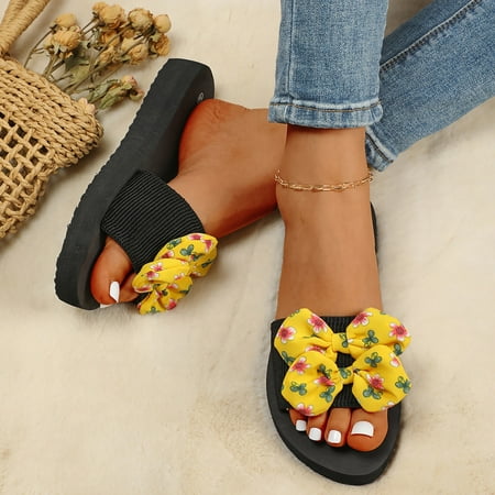 

Ykohkofe Slippers For Women Ladies Summer Bohemian Bow Flowers Decoration Sandals Open Toe Beach Slippers Casual Shoes
