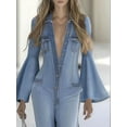 thumbnail image 6 of Women'S Denim Jumpsuit Romper Long Bell Sleeve Button Down One-Piece Pants Outfit Light Blue XL, 6 of 8