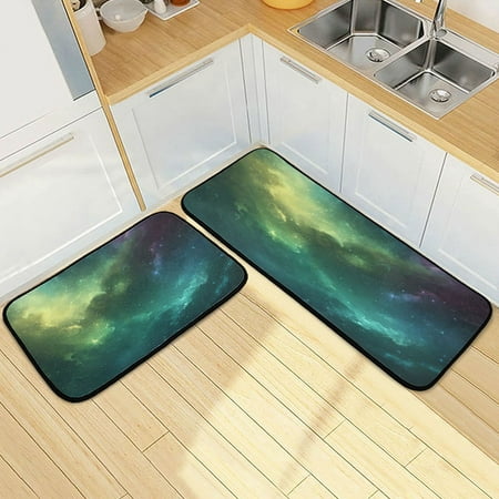 

Wobogo Greenish Galaxies Kitchen Carpet Set of 2 Absorbent and Stain Resistant Non-slip Star Rubber Backing