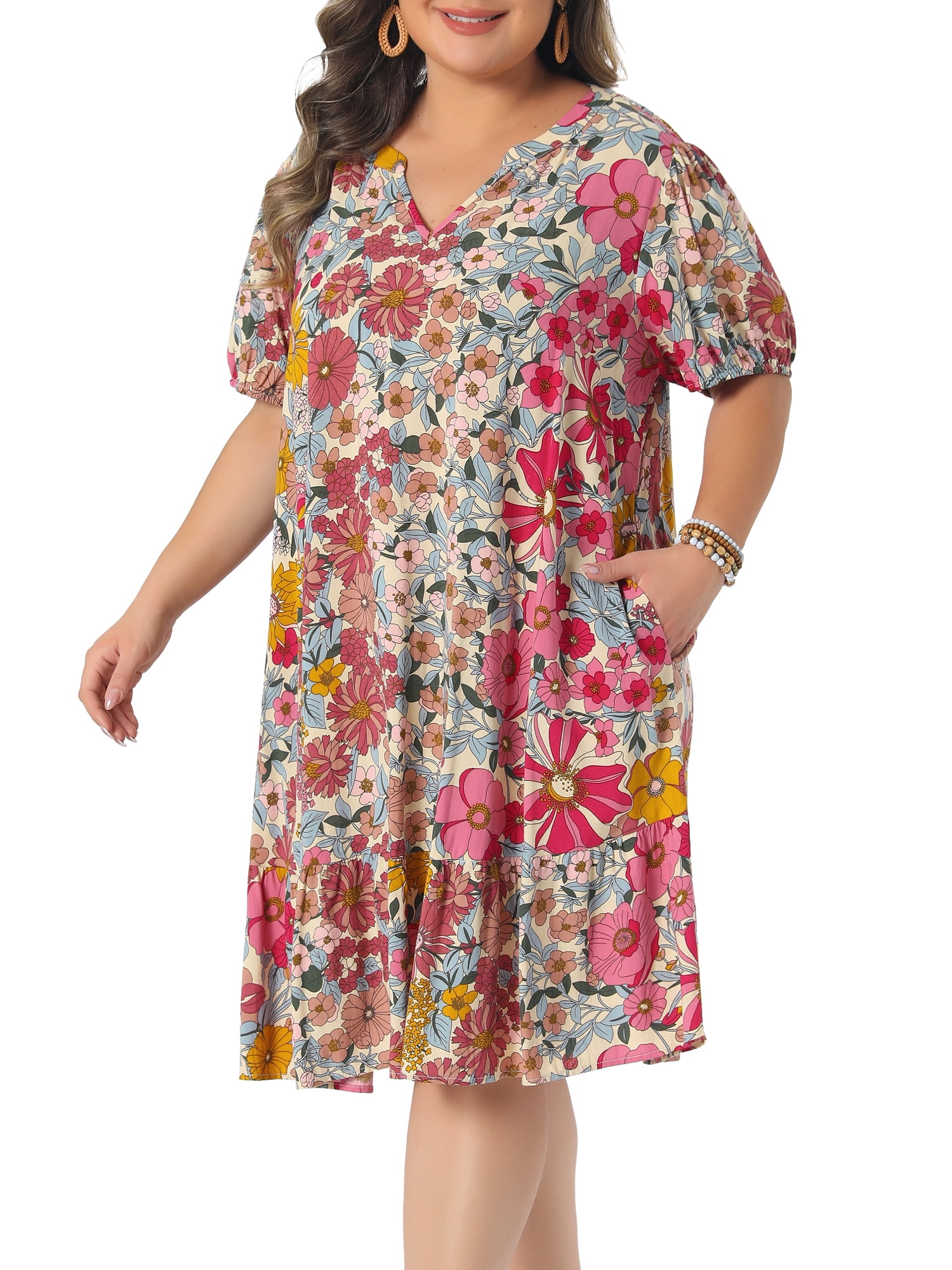 DARING DIVA Women's Plus Summer V Neck Short Sleeve Midi Dress 4X Pink