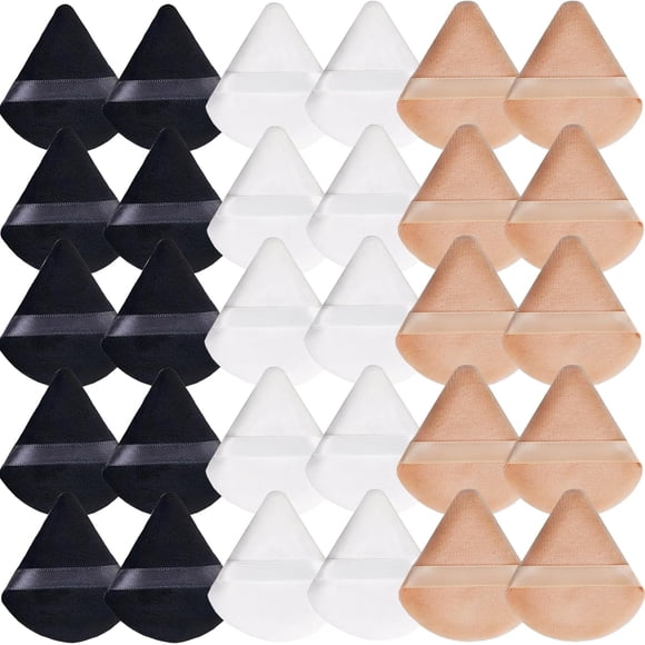 30PCS Triangle Powder Puff, Setting Powder Puff for Make Up, Face Puff Pads for Loose Powder and Press Powder, Makeup Sponge Powder Applicator for Face and Eye (White, Black, Nude)