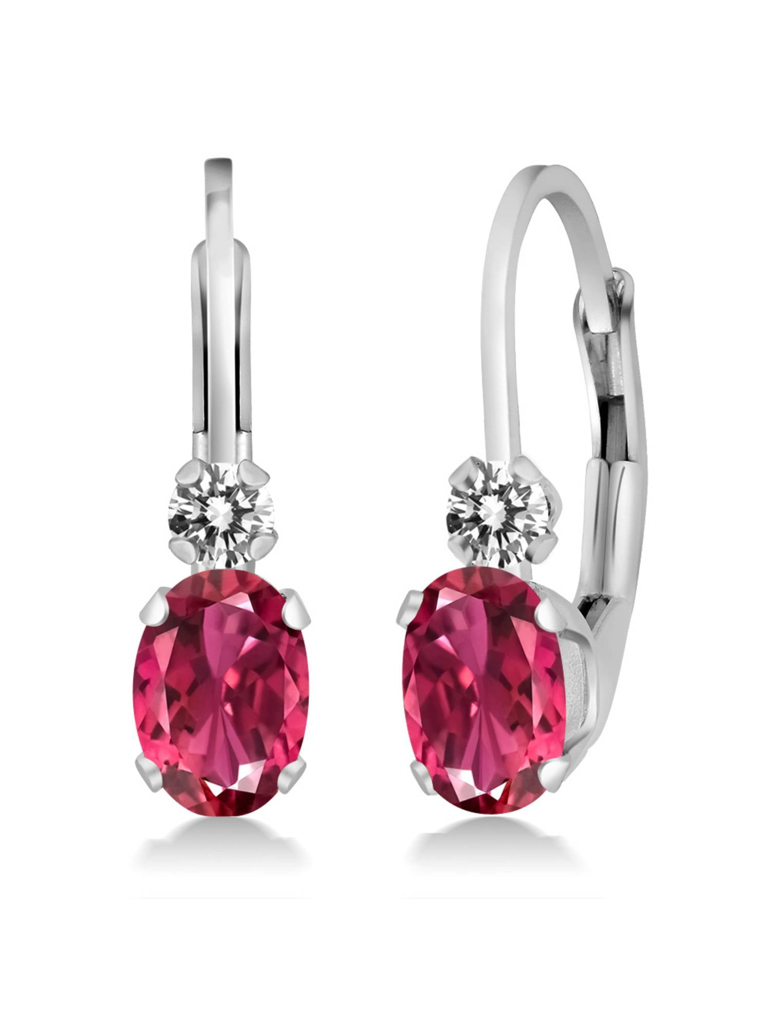 0.83 Ct Oval Pink Tourmaline AAA White Diamond 14K White Gold Earrings by