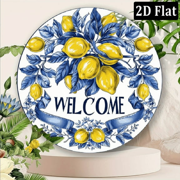 1pc Vibrant Lemon Floral Welcome Sign - 8*8 Inch Round Aluminum, Scratch-Resistant Metal Decor with Pre-Drilled Holes for Easy Hanging, Perfect for Home, Garden, Cafes, Lemon Kitchen Decor