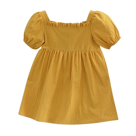

nsendm Big Blankets for Baby Girl Toddler Kids Baby Girls Plaid Button Dress Puff Sleeve Flowy A Line Gab Baby Girl Yellow 1-2 Years