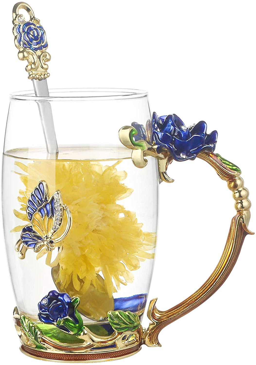 Sister Wife COAWG Flower Glass Tea Cup Enamel Handmade Clear Coffee Mug Decorated with Daisy Flower Great Gift Idea for Women Christmas Thanksgiving`s Day New Year Mother 12OZ 