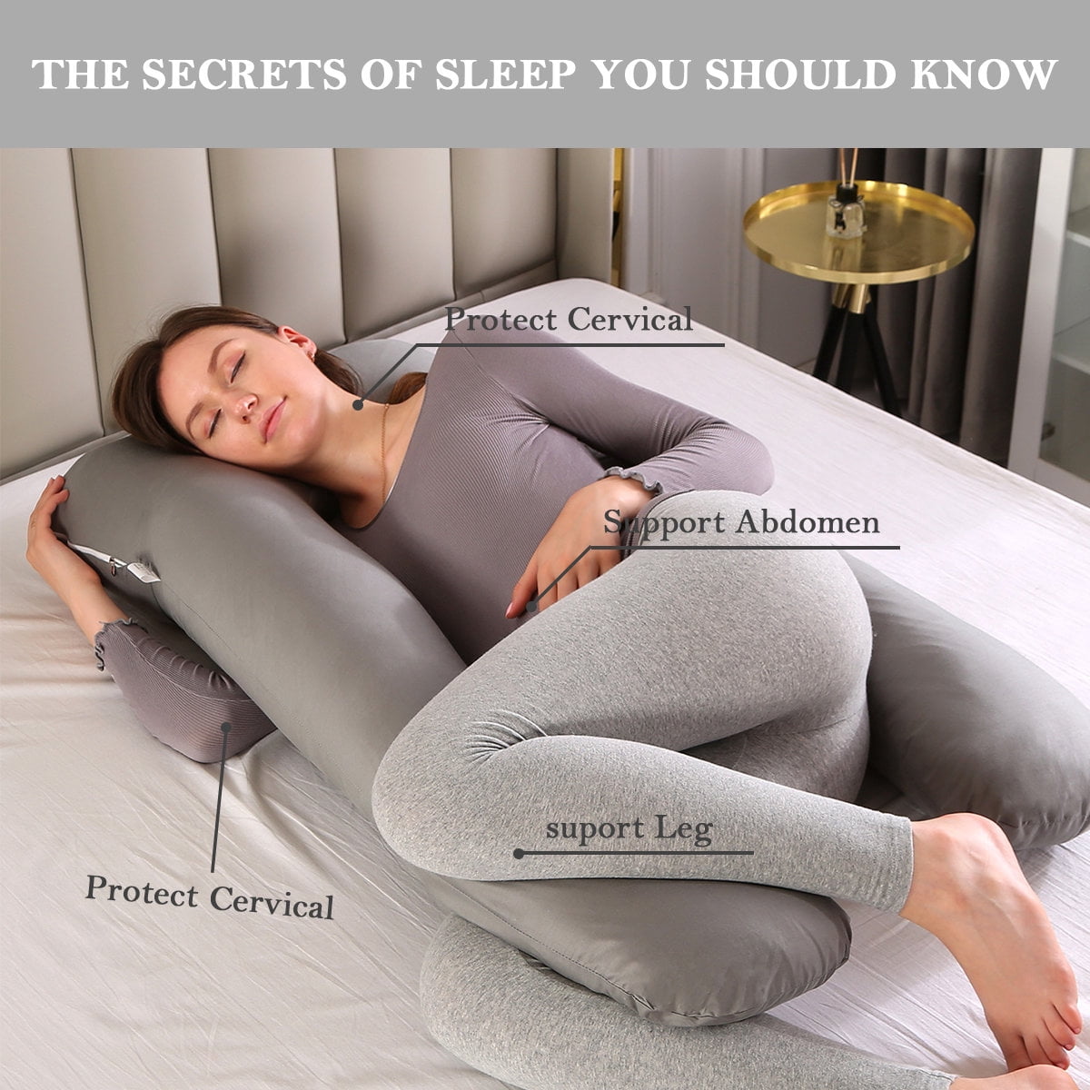 Topchances Pregnancy Pillow Maternity Belly Contoured Body with Cotton Cover Grey