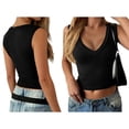 thumbnail image 2 of Women'S Deep V Neck Cropped Tank Tops Summer Slim Fitted Top Basic Sleeveless Shirt Black L, 2 of 7