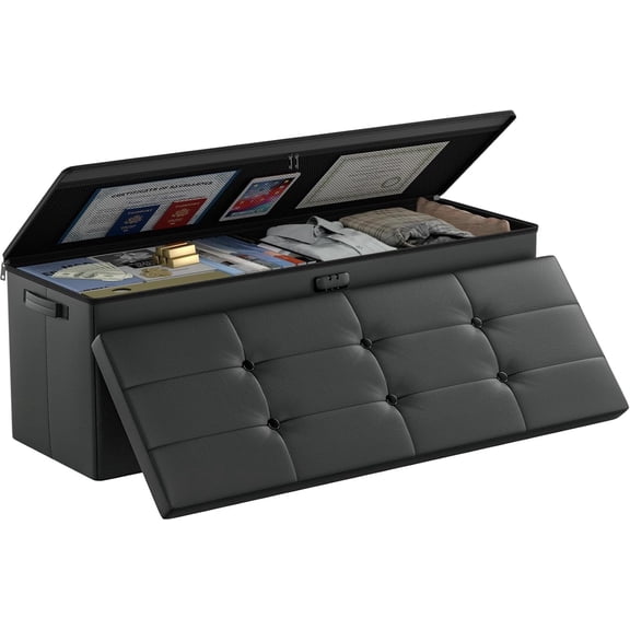 Fireproof Waterproof Folding Storage Ottoman Bench with Lock 43"D x 15"W x 15"H Black