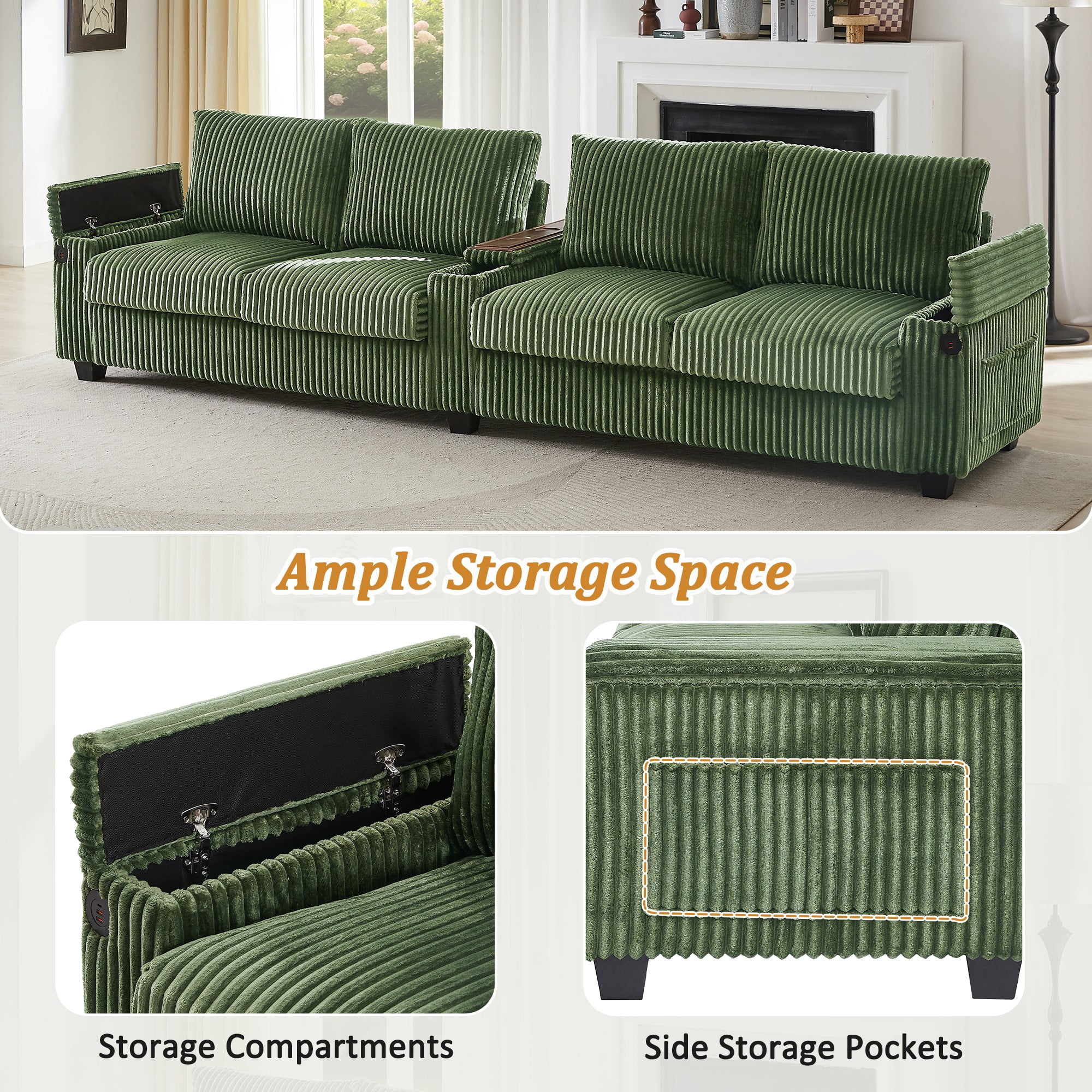 133" Modern Sofa,4-seater Corduroy Sofa Couch with USB Ports,Hidden Storage Arms, Flip-Top Cup Holders for Living Room,Green