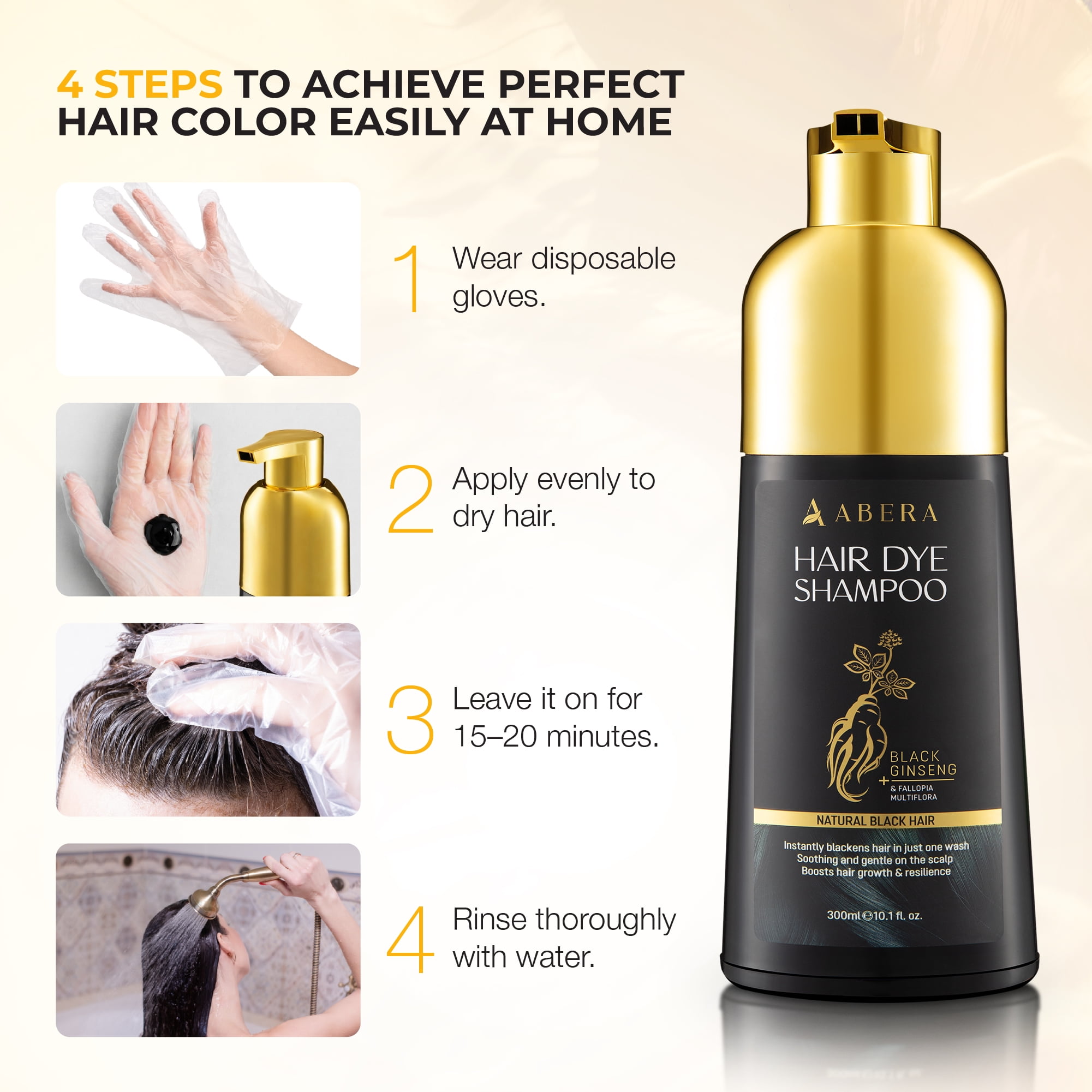 Abera Hair Dye Shampoo, Black Hair Color for Gray Coverage, Women & Men, Fade-Resistant, 10.1 fl oz