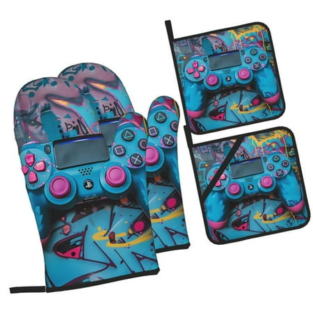 

Pofeuu Urban Graffiti Gaming Style Print Oven Mitts and Pot Holders 4 pcs Set High Heat Resistant 500 Degree Extra Thicken Long Kitchen Cotton Oven Glove for Cooking