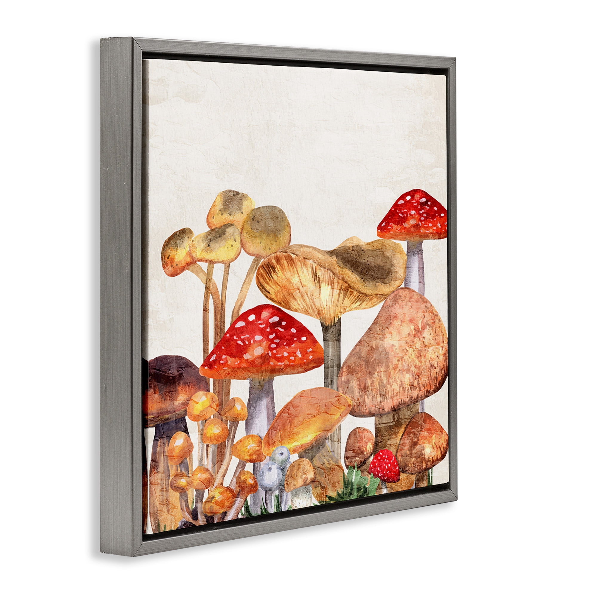 Stupell Industries Rustic Woodland Mushrooms Botanical & Floral Painting Gray Floater Framed Canvas Art Print Wall Art, 18 x 18