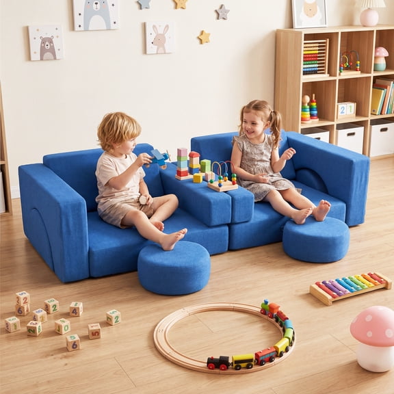 Kids Modular Convertible Play Couch Fort, Noelse 14PCS Sectional Sofa with Washable Covers, Furniture for Toddler to Teen Bedroom Playroom Kidsroom, Blue