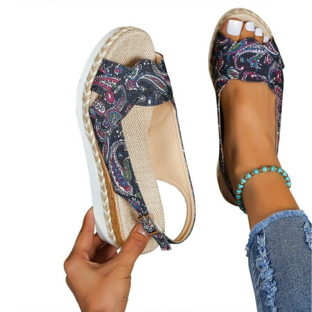 

LWVITH Clearance! Flat Sandals for Women Floral Flatform Sandals Comfortable Open Toe Buckle Espadrille Shoes Casual Holiday Beach Sandals(Multicolor 7）