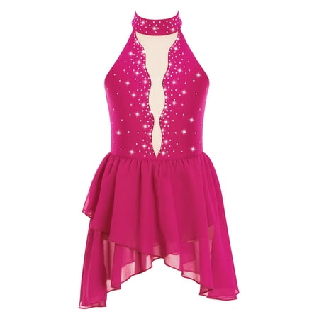 LiiYii Kids Girls Glitter Rhinestone Sleeveless Figure Ice Skating Dress Lyrical Ballet Dance Dress Hot Pink 12